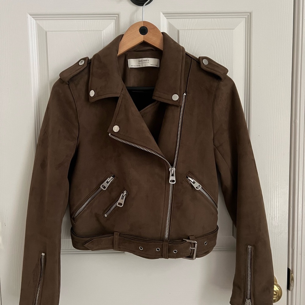 Zara Brown Motorcycle Style Jacket with Asymmetrical Zipper and Wide Collar